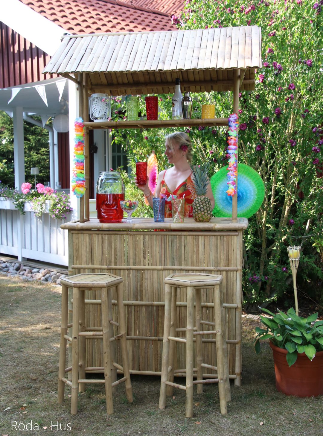 Hawaii Tischrock Gras-Optik 5m - Mit Bunten Blumen Für Tiki-Party - 60cm Breit